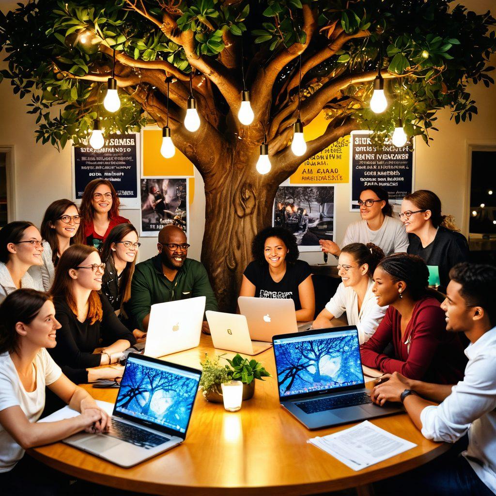 A diverse group of passionate bloggers gathered around a large table, sharing stories and ideas with laptops open, surrounded by a vibrant community backdrop showcasing activism posters and a tree of voices symbolizing growth and connection. The atmosphere is dynamic, filled with energy and collaboration, with glowing light accents highlighting their faces. super-realistic. vibrant colors. white background.