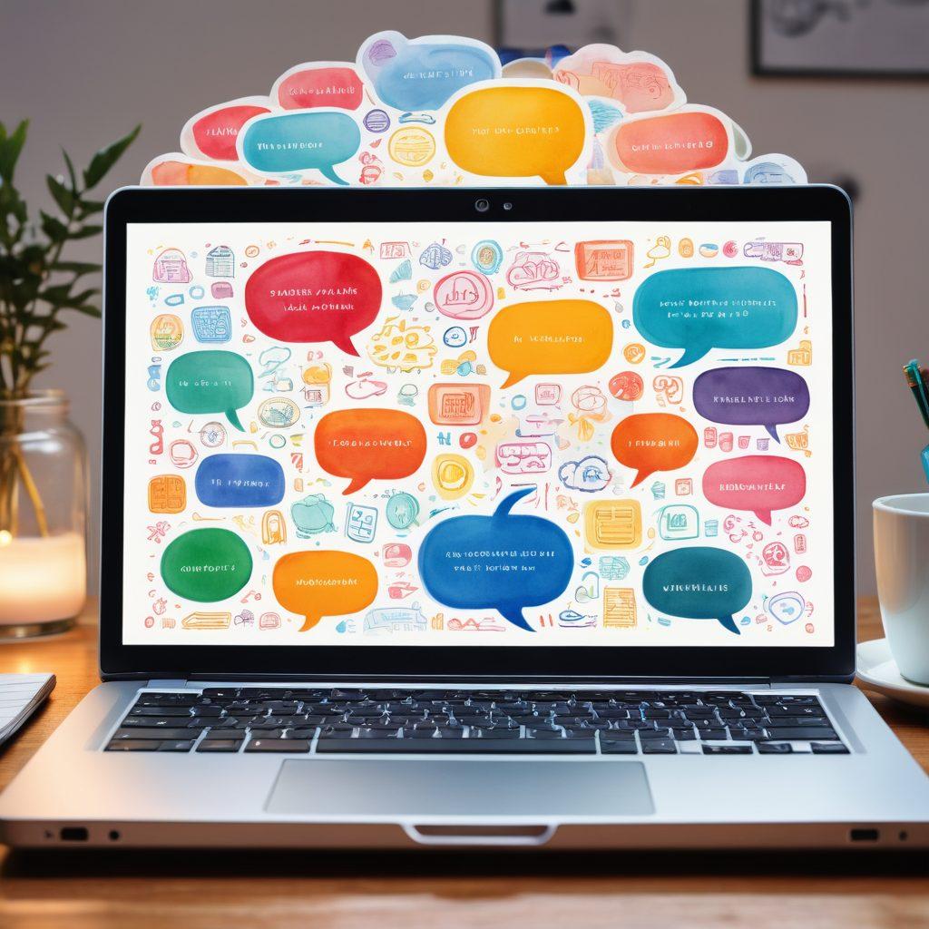 An open laptop displaying a vibrant online journal interface, surrounded by hand-drawn colorful speech bubbles representing diverse conversations and support. In the background, a network of interconnected people icons symbolizes connection and community. Soft light illuminating the scene emphasizes warmth and togetherness. watercolor painting. bright colors.